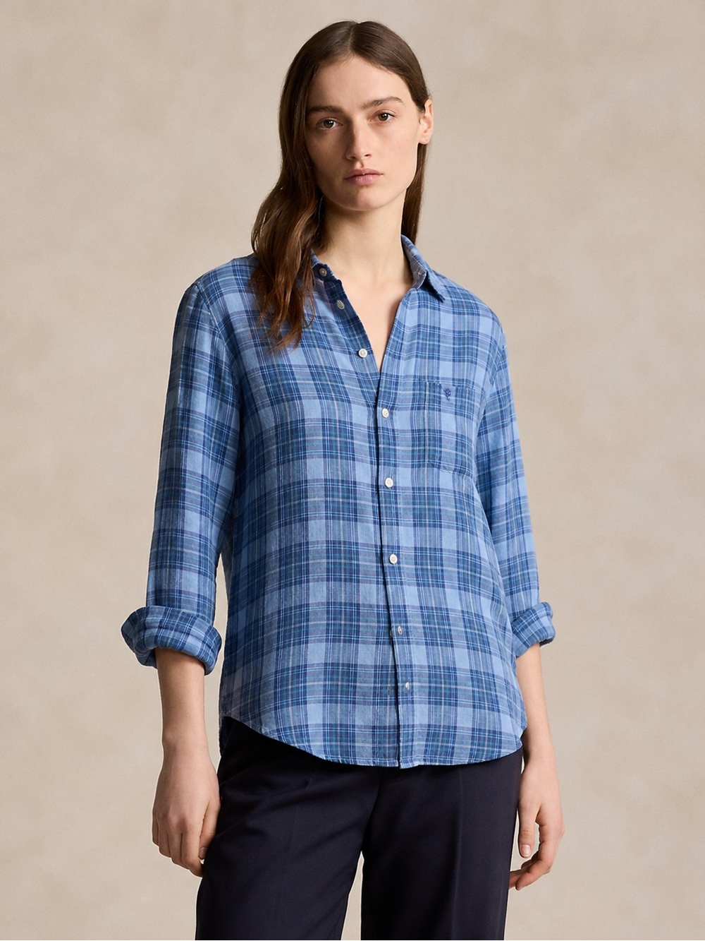 Lauren Ralph Lauren 100% Linen Blue Plaid Long Sleeve Button up Shirt *777